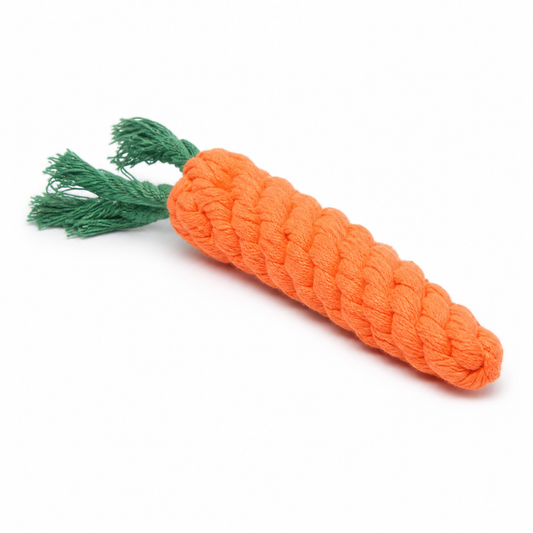 White background studio photo of carrot rope chew toy